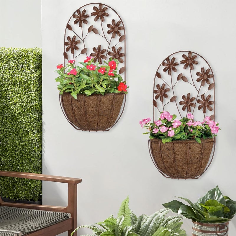 BAYN 2PKs Wall Hanging Planter Decor Art with Flower, Metal Wall Mounted Planters Indoor Outdoor Wall Planter for Succulent Herb Home Garden Yard - Image 2